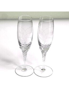 Vintage Blown Glass Champagne Flute Set Kira by Gorham Crystal Etched 8.78"